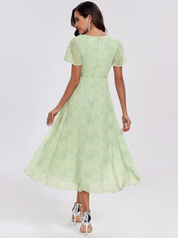 Ruffles Sleeve Pleated V-Neck A-Line Midi Chiffon Wedding Guest Dress - Light Green Roses