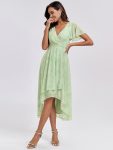 Ruffles Sleeve Pleated V-Neck A-Line Midi Chiffon Wedding Guest Dress – Light Green Roses