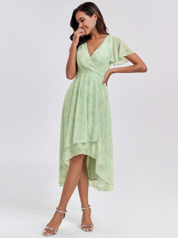 Ruffles Sleeve Pleated V-Neck A-Line Midi Chiffon Wedding Guest Dress - Light Green Roses