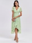 Ruffles Sleeve Pleated V-Neck A-Line Midi Chiffon Wedding Guest Dress – Light Green Roses