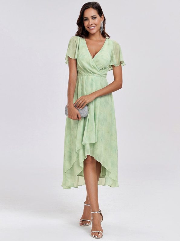 Ruffles Sleeve Pleated V-Neck A-Line Midi Chiffon Wedding Guest Dress - Light Green Roses