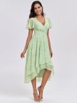 Ruffles Sleeve Pleated V-Neck A-Line Midi Chiffon Wedding Guest Dress – Light Green Roses