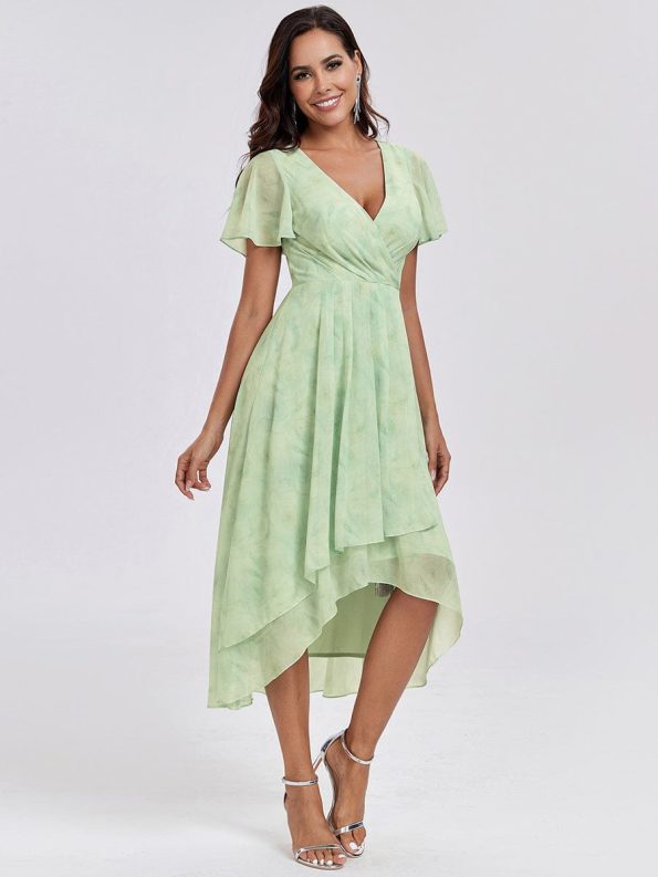 Ruffles Sleeve Pleated V-Neck A-Line Midi Chiffon Wedding Guest Dress - Light Green Roses