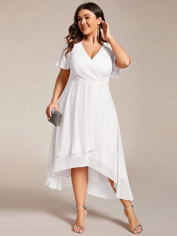 Ruffles Sleeve Pleated V-Neck A-Line Midi Chiffon Wedding Guest Dress - White