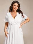 Ruffles Sleeve Pleated V-Neck A-Line Midi Chiffon Wedding Guest Dress – White