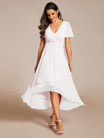 Ruffles Sleeve Pleated V-Neck A-Line Midi Chiffon Wedding Guest Dress - White