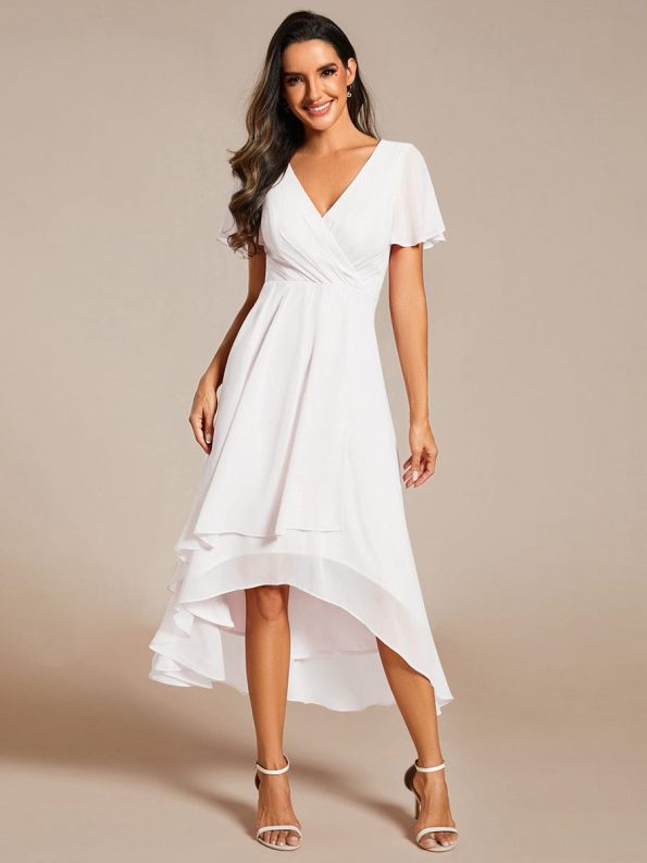 Ruffles Sleeve Pleated V-Neck A-Line Midi Chiffon Wedding Guest Dress - White