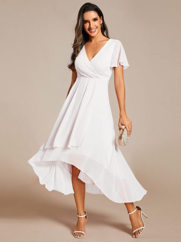 Ruffles Sleeve Pleated V-Neck A-Line Midi Chiffon Wedding Guest Dress - White