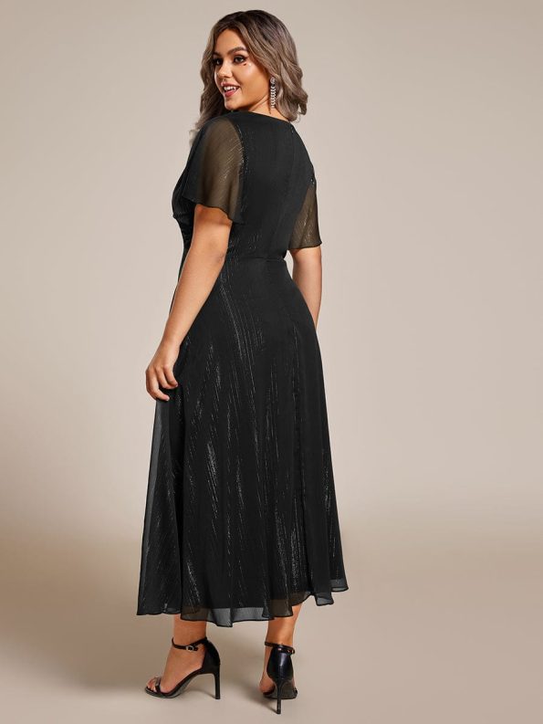 Silver Metallic Fabric V-Neck A-Line Wedding Guest Dress featuring Delicate Ruffled Hem - Black