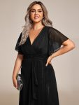 Silver Metallic Fabric V-Neck A-Line Wedding Guest Dress featuring Delicate Ruffled Hem – Black