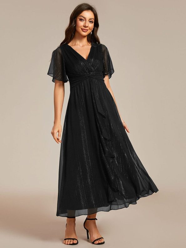 Silver Metallic Fabric V-Neck A-Line Wedding Guest Dress featuring Delicate Ruffled Hem - Black