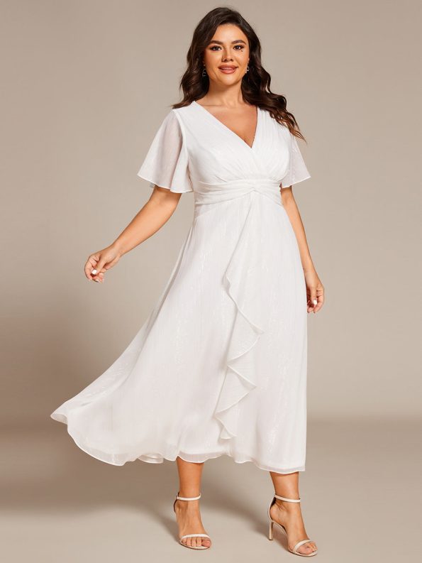 Silver Metallic Fabric V-Neck A-Line Wedding Guest Dress featuring Delicate Ruffled Hem - Cream