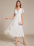 Silver Metallic Fabric V-Neck A-Line Wedding Guest Dress featuring Delicate Ruffled Hem – Cream