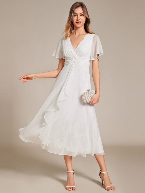 Silver Metallic Fabric V-Neck A-Line Wedding Guest Dress featuring Delicate Ruffled Hem - Cream