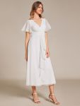 Silver Metallic Fabric V-Neck A-Line Wedding Guest Dress featuring Delicate Ruffled Hem – Cream