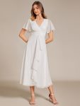 Silver Metallic Fabric V-Neck A-Line Wedding Guest Dress featuring Delicate Ruffled Hem – Cream