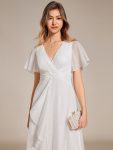 Silver Metallic Fabric V-Neck A-Line Wedding Guest Dress featuring Delicate Ruffled Hem – Cream