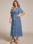 Silver Metallic Fabric V-Neck A-Line Wedding Guest Dress featuring Delicate Ruffled Hem – Dusty Navy