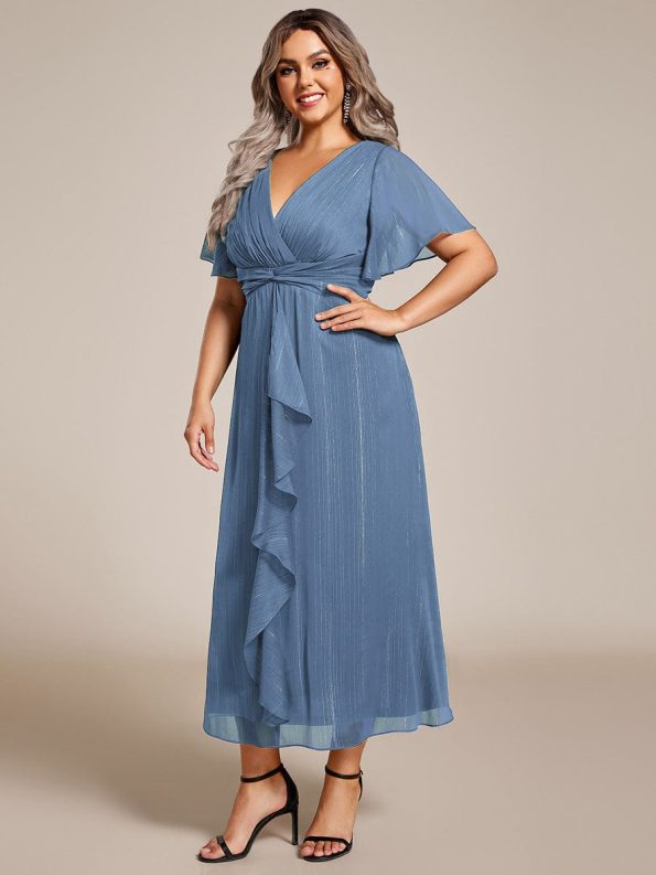 Silver Metallic Fabric V-Neck A-Line Wedding Guest Dress featuring Delicate Ruffled Hem - Dusty Navy