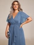 Silver Metallic Fabric V-Neck A-Line Wedding Guest Dress featuring Delicate Ruffled Hem – Dusty Navy