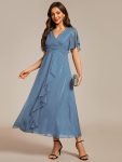 Silver Metallic Fabric V-Neck A-Line Wedding Guest Dress featuring Delicate Ruffled Hem - Dusty Navy