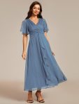 Silver Metallic Fabric V-Neck A-Line Wedding Guest Dress featuring Delicate Ruffled Hem – Dusty Navy