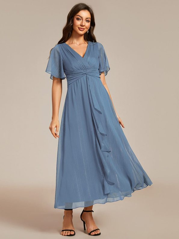 Silver Metallic Fabric V-Neck A-Line Wedding Guest Dress featuring Delicate Ruffled Hem - Dusty Navy