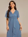 Silver Metallic Fabric V-Neck A-Line Wedding Guest Dress featuring Delicate Ruffled Hem – Dusty Navy