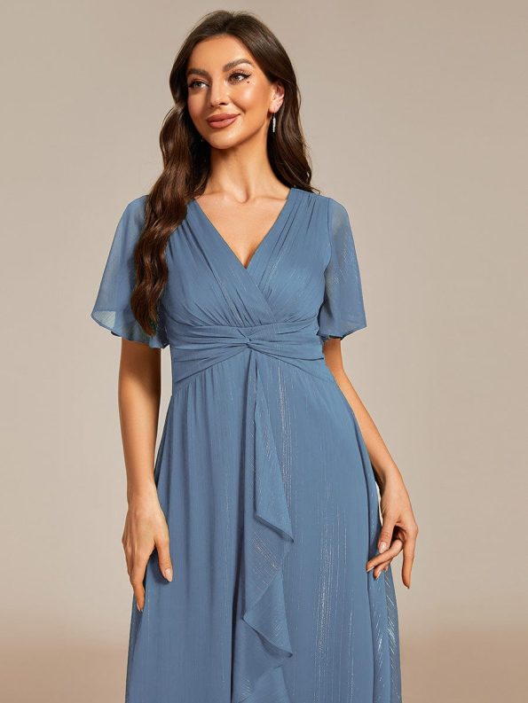 Silver Metallic Fabric V-Neck A-Line Wedding Guest Dress featuring Delicate Ruffled Hem - Dusty Navy