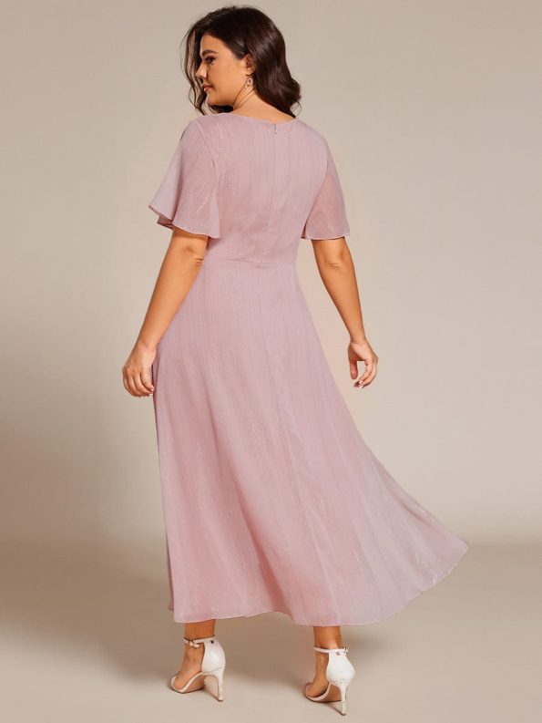 Silver Metallic Fabric V-Neck A-Line Wedding Guest Dress featuring Delicate Ruffled Hem - Dusty Rose