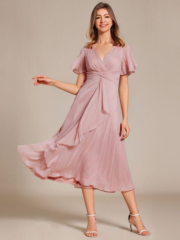 Silver Metallic Fabric V-Neck A-Line Wedding Guest Dress featuring Delicate Ruffled Hem - Dusty Rose