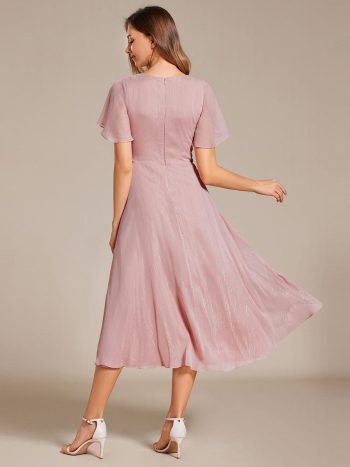 Silver Metallic Fabric V-Neck A-Line Wedding Guest Dress featuring Delicate Ruffled Hem - Dusty Rose