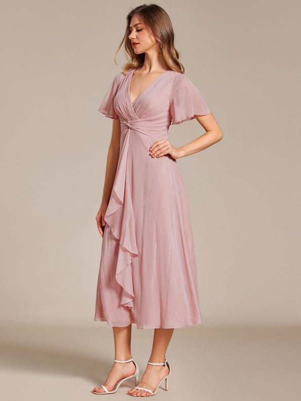 Silver Metallic Fabric V-Neck A-Line Wedding Guest Dress featuring Delicate Ruffled Hem - Dusty Rose