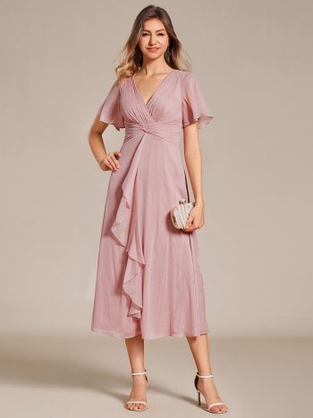 Silver Metallic Fabric V-Neck A-Line Wedding Guest Dress featuring Delicate Ruffled Hem - Dusty Rose