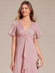 Silver Metallic Fabric V-Neck A-Line Wedding Guest Dress featuring Delicate Ruffled Hem – Dusty Rose