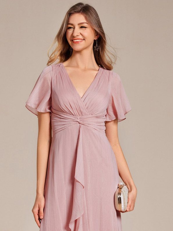 Silver Metallic Fabric V-Neck A-Line Wedding Guest Dress featuring Delicate Ruffled Hem - Dusty Rose