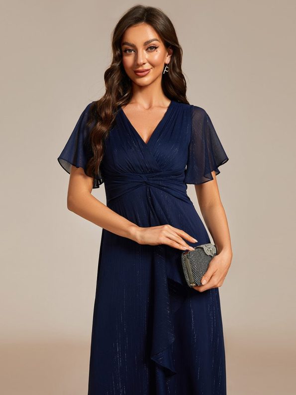 Silver Metallic Fabric V-Neck A-Line Wedding Guest Dress featuring Delicate Ruffled Hem - Navy Blue