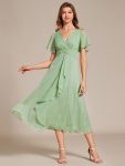 Silver Metallic Fabric V-Neck A-Line Wedding Guest Dress featuring Delicate Ruffled Hem – Summer Green