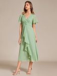 Silver Metallic Fabric V-Neck A-Line Wedding Guest Dress featuring Delicate Ruffled Hem – Summer Green