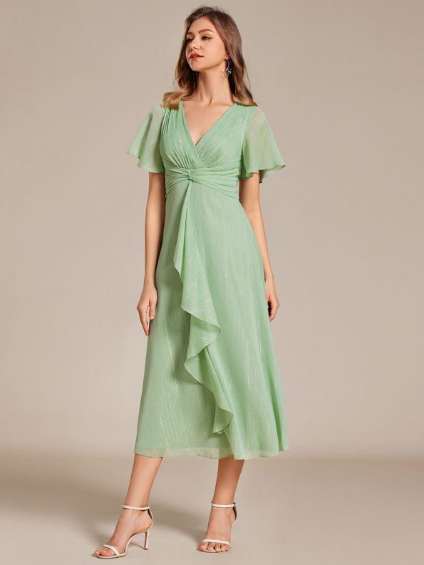 Silver Metallic Fabric V-Neck A-Line Wedding Guest Dress featuring Delicate Ruffled Hem - Summer Green