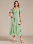 Silver Metallic Fabric V-Neck A-Line Wedding Guest Dress featuring Delicate Ruffled Hem – Summer Green