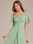 Silver Metallic Fabric V-Neck A-Line Wedding Guest Dress featuring Delicate Ruffled Hem – Summer Green