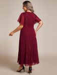 Silver Metallic Fabric V-Neck A-Line Wedding Guest Dress featuring Delicate Ruffled Hem – Burgundy