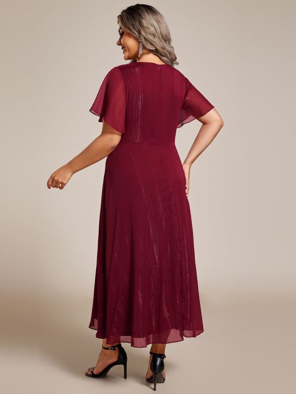 Silver Metallic Fabric V-Neck A-Line Wedding Guest Dress featuring Delicate Ruffled Hem - Burgundy