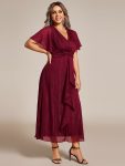 Silver Metallic Fabric V-Neck A-Line Wedding Guest Dress featuring Delicate Ruffled Hem – Burgundy