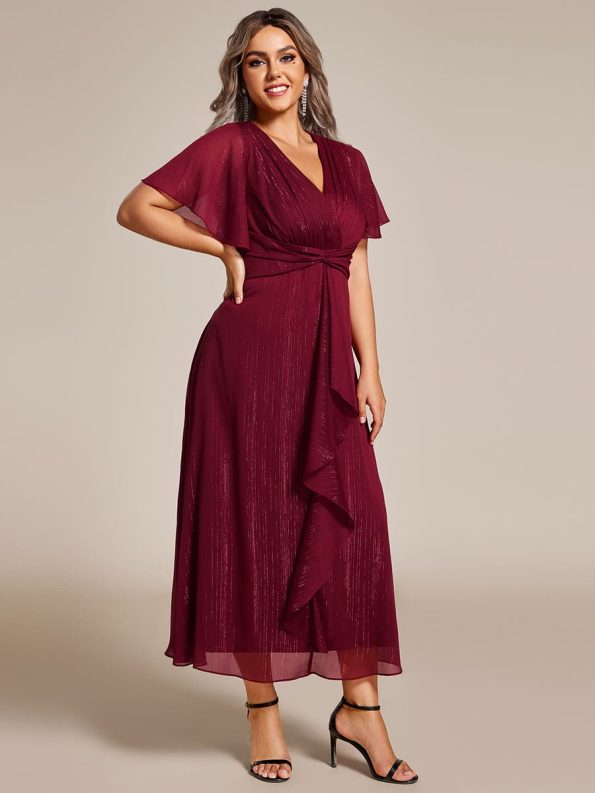 Silver Metallic Fabric V-Neck A-Line Wedding Guest Dress featuring Delicate Ruffled Hem - Burgundy