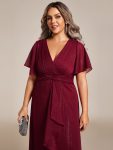 Silver Metallic Fabric V-Neck A-Line Wedding Guest Dress featuring Delicate Ruffled Hem – Burgundy