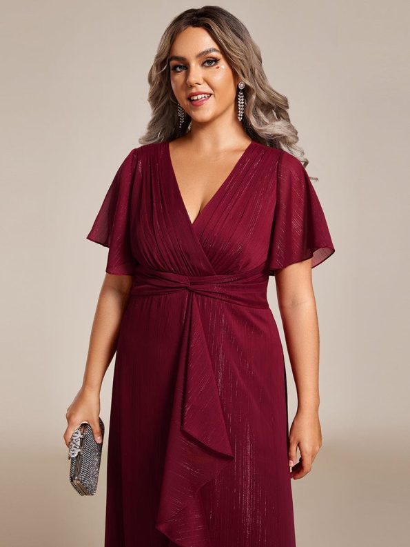 Silver Metallic Fabric V-Neck A-Line Wedding Guest Dress featuring Delicate Ruffled Hem - Burgundy