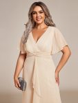 Silver Metallic Fabric V-Neck A-Line Wedding Guest Dress featuring Delicate Ruffled Hem – Champagne