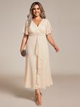 Silver Metallic Fabric V-Neck A-Line Wedding Guest Dress featuring Delicate Ruffled Hem – Champagne